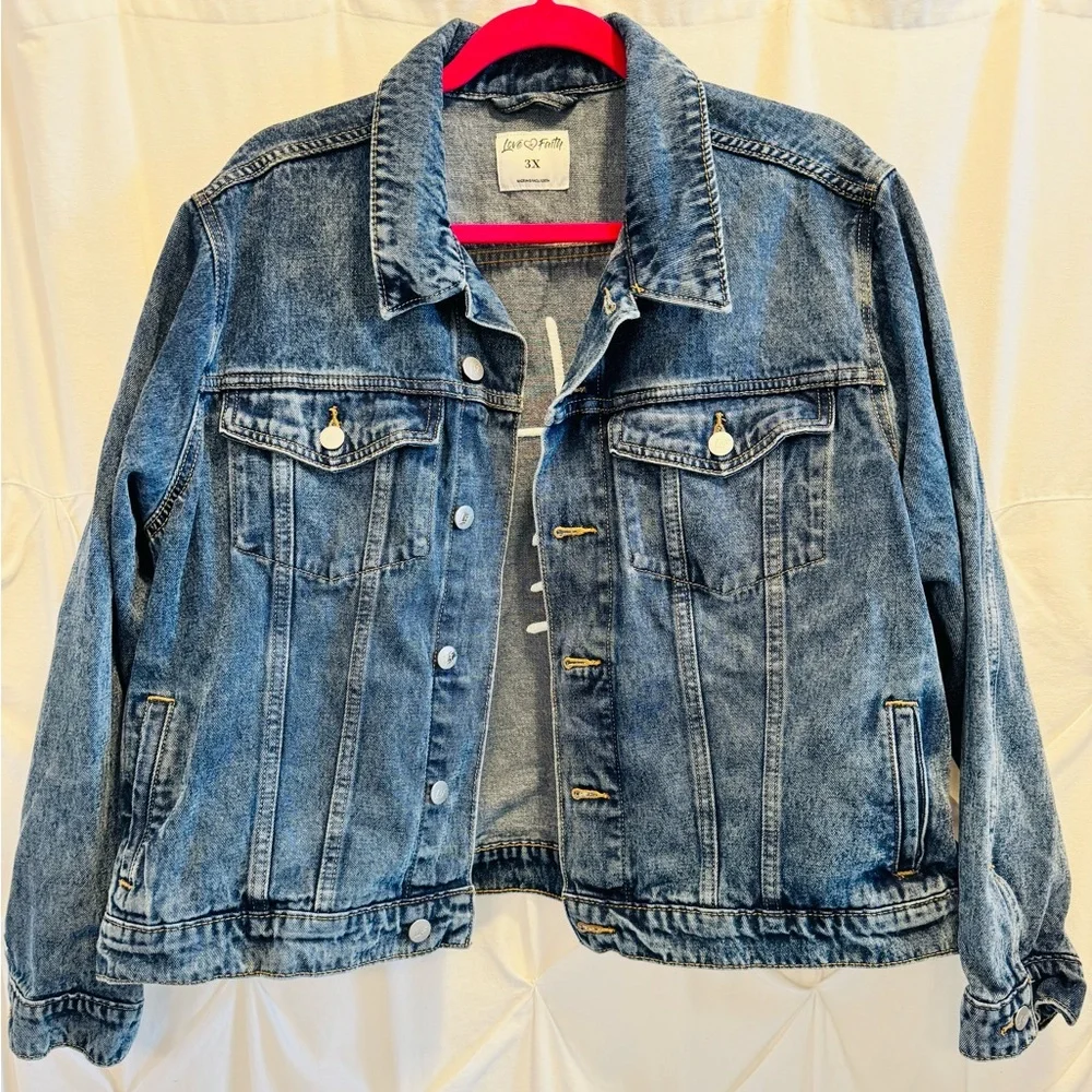 Love in Faith Faith Cross Denim Trucker Jacket Medium Wash 3X Fits 1X - Picture 1 of 7